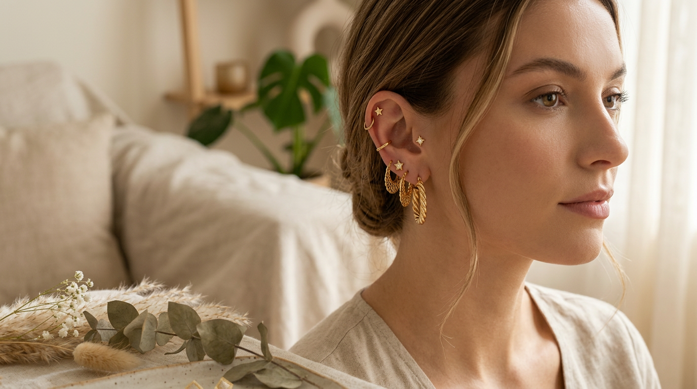 Various gold earrings displayed on ceramic tray and wooden stand with decorative plants
